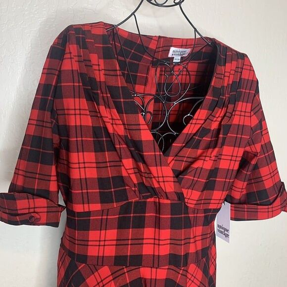 Unique Vintage Red Black Plaid Retro Shirt Dress Full Skirt Women’s Size 3X/20 - Picture 2 of 8